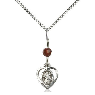 Sterling Silver Guardian Angel Medal | Garnet bead Religious and Catholic Jewelry Engraved Catholic Saint Jewelry