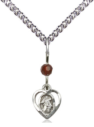 Sterling Silver Guardian Angel Medal | Garnet bead Religious and Catholic Jewelry Engraved Catholic Saint Jewelry