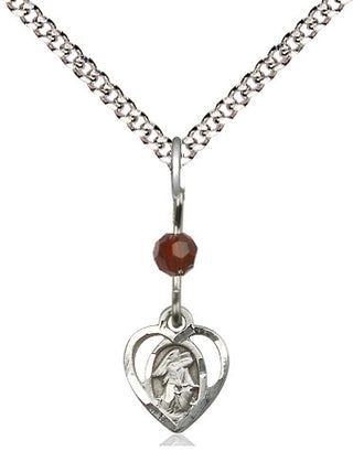 Sterling Silver Guardian Angel Medal | Garnet bead Religious and Catholic Jewelry Engraved Catholic Saint Jewelry