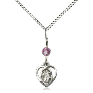Sterling Silver Guardian Angel Medal | Light Amethyst bead Religious and Catholic Jewelry Engraved Catholic Saint Jewelry