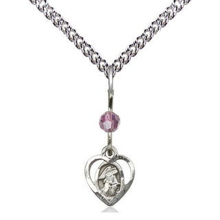 Sterling Silver Guardian Angel Medal | Light Amethyst bead Religious and Catholic Jewelry Engraved Catholic Saint Jewelry