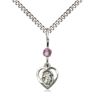 Sterling Silver Guardian Angel Medal | Light Amethyst bead Religious and Catholic Jewelry Engraved Catholic Saint Jewelry
