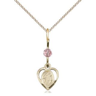 14kt Gold Guardian Angel Medal with a Light Rose bead Engraved Catholic Saint Jewelry