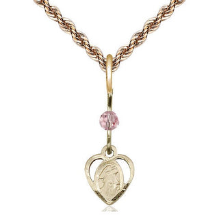 14kt Gold Guardian Angel Medal with a Light Rose bead Engraved Catholic Saint Jewelry