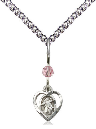 Sterling Silver Guardian Angel Medal | Light Rose bead Religious and Catholic Jewelry Engraved Catholic Saint Jewelry