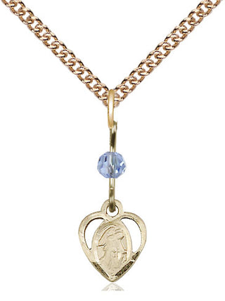14kt Gold Filled Guardian Angel Medal | Light Sapphire bead Religious and Catholic Jewelry Engraved Catholic Saint Jewelry