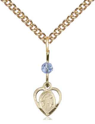 14kt Gold Filled Guardian Angel Medal | Light Sapphire bead Religious and Catholic Jewelry Engraved Catholic Saint Jewelry