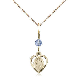 14kt Gold Guardian Angel Medal with a Light Sapphire bead Engraved Catholic Saint Jewelry