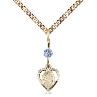 14kt Gold Guardian Angel Medal with a Light Sapphire bead Engraved Catholic Saint Jewelry