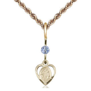 14kt Gold Guardian Angel Medal with a Light Sapphire bead Engraved Catholic Saint Jewelry