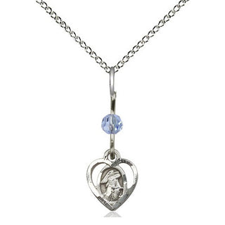 Sterling Silver Guardian Angel Medal | Light Sapphire bead Religious and Catholic Jewelry Engraved Catholic Saint Jewelry