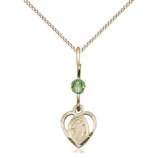 14kt Gold Guardian Angel Medal with a Peridot bead Engraved Catholic Saint Jewelry