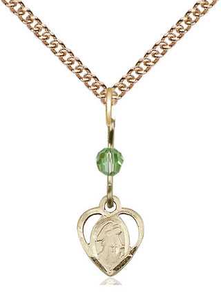 14kt Gold Guardian Angel Medal with a Peridot bead Engraved Catholic Saint Jewelry