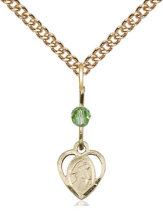 14kt Gold Guardian Angel Medal with a Peridot bead Engraved Catholic Saint Jewelry