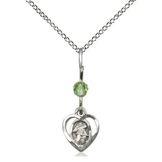 Sterling Silver Guardian Angel Medal | Peridot bead Religious and Catholic Jewelry Engraved Catholic Saint Jewelry