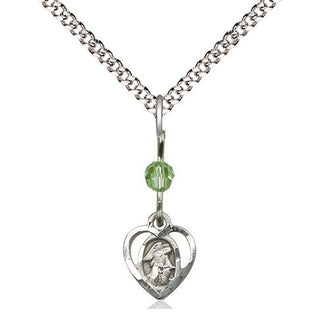 Sterling Silver Guardian Angel Medal | Peridot bead Religious and Catholic Jewelry Engraved Catholic Saint Jewelry
