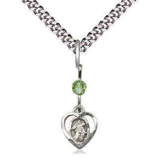 Sterling Silver Guardian Angel Medal | Peridot bead Religious and Catholic Jewelry Engraved Catholic Saint Jewelry