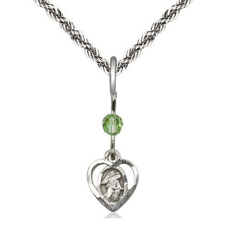 Sterling Silver Guardian Angel Medal | Peridot bead Religious and Catholic Jewelry Engraved Catholic Saint Jewelry