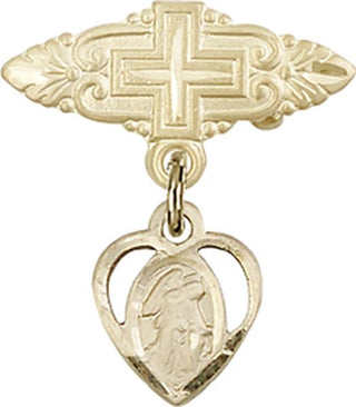 14kt Gold Badge Pin With Cross Heart / Guardian Angel Baby Badge - Engravable