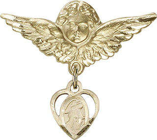 14kt Gold Large Angel w/Wings Heart / Guardian Angel Baby Badge - Engravable