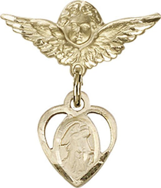 14kt Gold Small Angel w/Wings Heart / Guardian Angel Baby Badge - Engravable