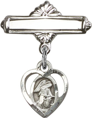 Sterling Silver Polished Badge Pin Heart / Guardian Angel Baby Badge - Engravable