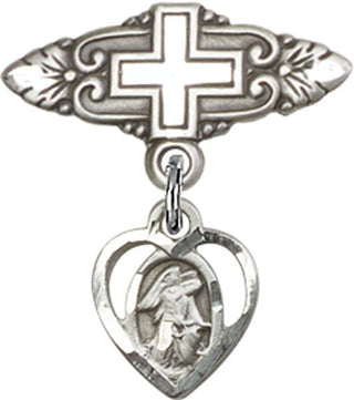 Sterling Silver Badge Pin With Cross Heart / Guardian Angel Baby Badge - Engravable