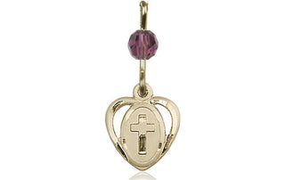 14kt Gold Heart Cross Medal with an Amethyst bead Engraved Catholic Saint Jewelry