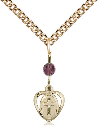 14kt Gold Heart Cross Medal with an Amethyst bead Engraved Catholic Saint Jewelry