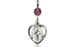 Sterling Silver Heart Cross Medal with an Amethyst bead Engraved Catholic Saint Jewelry
