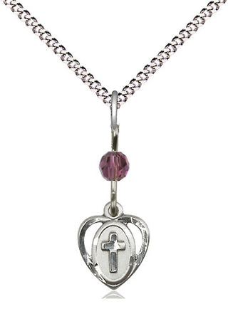 Sterling Silver Heart Cross Medal with an Amethyst bead Religious and Catholic Jewelry Engraved Catholic Saint Jewelry