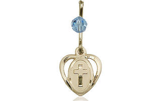 14kt Gold Filled Heart Cross Medal with an Aqua bead Engraved Catholic Saint Jewelry