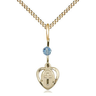 14kt Gold Filled Heart Cross Medal with an Aqua bead Religious and Catholic Jewelry Engraved Catholic Saint Jewelry