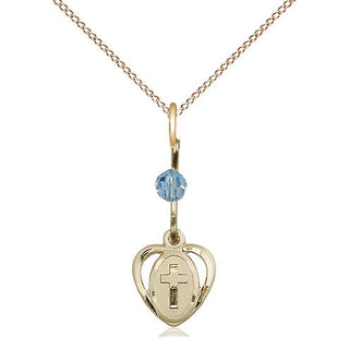 14kt Gold Filled Heart Cross Medal with an Aqua bead Religious and Catholic Jewelry Engraved Catholic Saint Jewelry