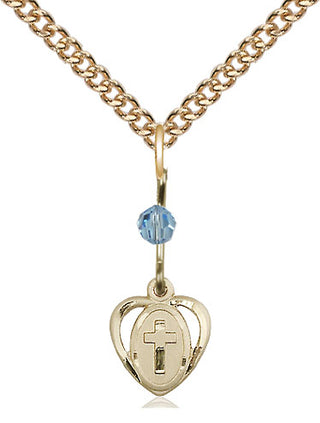 14kt Gold Filled Heart Cross Medal with an Aqua bead Religious and Catholic Jewelry Engraved Catholic Saint Jewelry