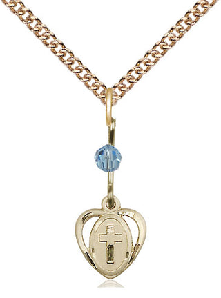 14kt Gold Heart Cross Medal with an Aqua bead Engraved Catholic Saint Jewelry
