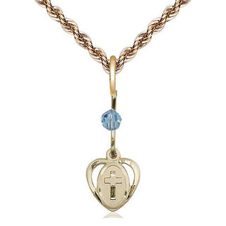 14kt Gold Heart Cross Medal with an Aqua bead Engraved Catholic Saint Jewelry