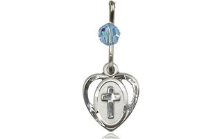Sterling Silver Heart Cross Medal with an Aqua bead Engraved Catholic Saint Jewelry
