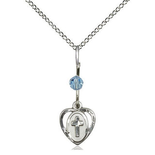 Sterling Silver Heart Cross Medal with an Aqua bead Religious and Catholic Jewelry Engraved Catholic Saint Jewelry