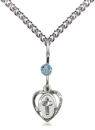 Sterling Silver Heart Cross Medal with an Aqua bead Religious and Catholic Jewelry Engraved Catholic Saint Jewelry