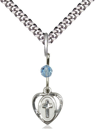 Sterling Silver Heart Cross Medal with an Aqua bead Religious and Catholic Jewelry Engraved Catholic Saint Jewelry