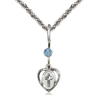 Sterling Silver Heart Cross Medal with an Aqua bead Religious and Catholic Jewelry Engraved Catholic Saint Jewelry