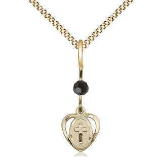 14kt Gold Filled Heart Cross Medal | Black bead Religious and Catholic Jewelry Engraved Catholic Saint Jewelry