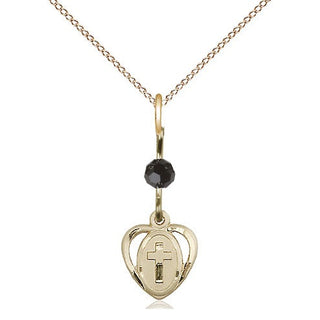 14kt Gold Filled Heart Cross Medal | Black bead Religious and Catholic Jewelry Engraved Catholic Saint Jewelry