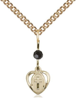 14kt Gold Filled Heart Cross Medal | Black bead Religious and Catholic Jewelry Engraved Catholic Saint Jewelry