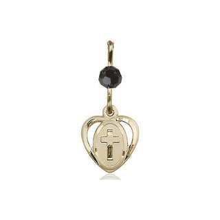 14kt Gold Heart Cross Medal with a Black bead Engraved Catholic Saint Jewelry