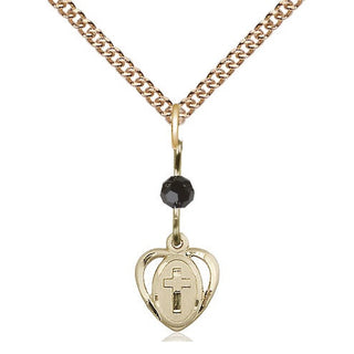 14kt Gold Heart Cross Medal with a Black bead Engraved Catholic Saint Jewelry