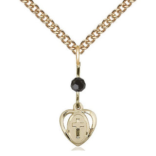 14kt Gold Heart Cross Medal with a Black bead Engraved Catholic Saint Jewelry