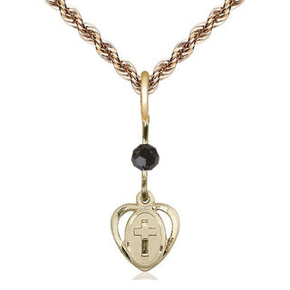 14kt Gold Heart Cross Medal with a Black bead Engraved Catholic Saint Jewelry