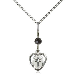 Sterling Silver Heart Cross Medal | Black bead Religious and Catholic Jewelry Engraved Catholic Saint Jewelry